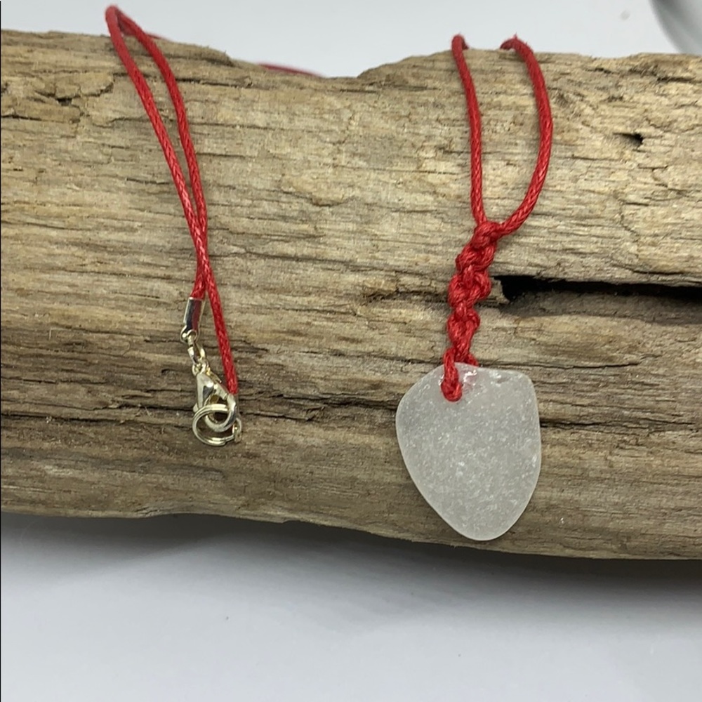 White Sea glass necklace with red hemp chain